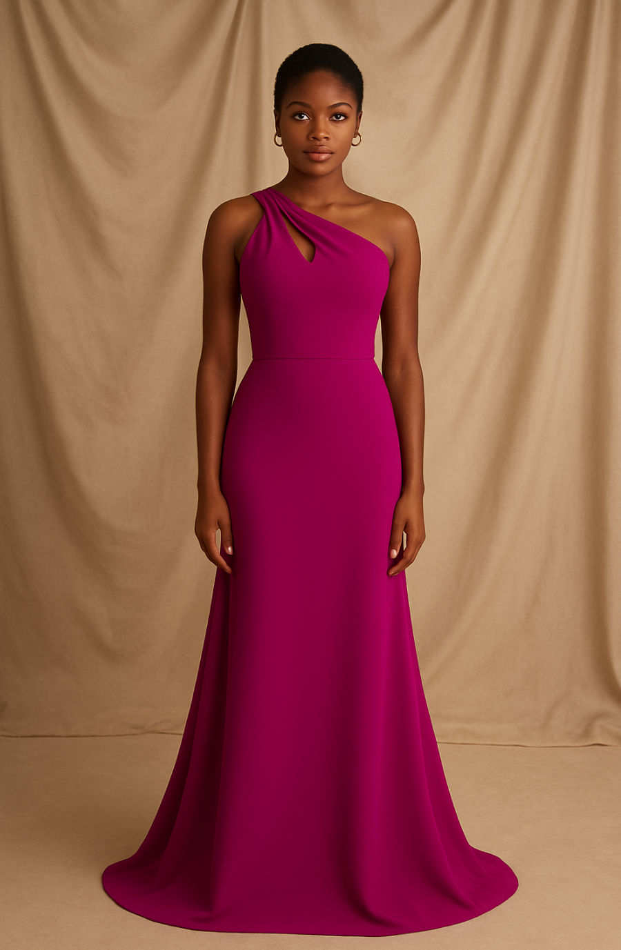 model is wearing an asymmetrical neckline pink fit and flare evening gown 