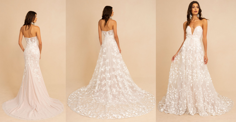 Tara Lauren Easton  This removable overskirt has become so popular with our brides, and is definitely a personal favorite. For brides who love 3D floral, this skirt is for you! This dress is also gorgeous in both blush (pictured) and ivory (our store sample).