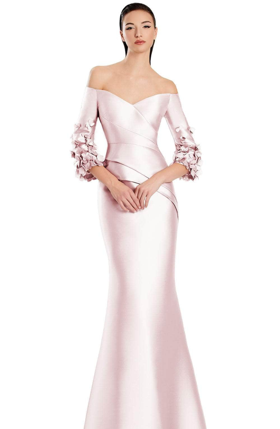 model is wearing a light pink off the shoulder evening gown